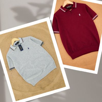 2 Pce Classic Knit Polo -(Ash+Merun) | Cotton Rich Breathable Polo T-Shirt for Men (Copy)